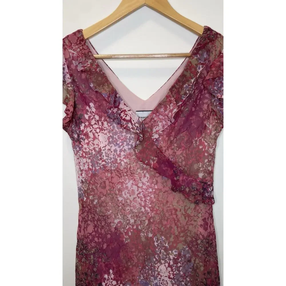 Breakin' Loose Y2K 90s Floral Ruffle V-Neck Asymetrical Midi Dress Pink Sz 9/10 - Picture 2 of 15